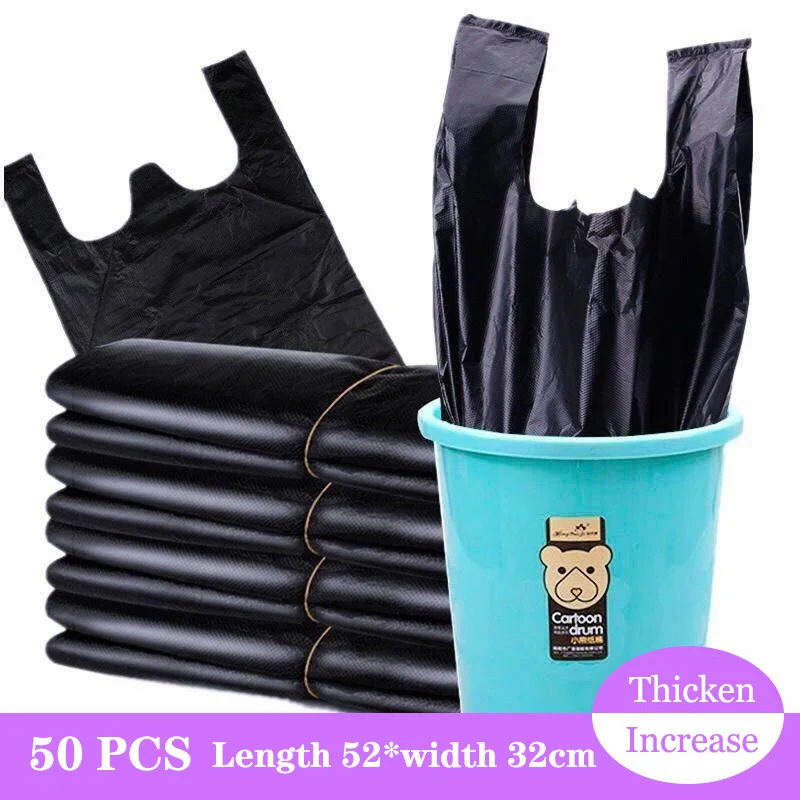 50 PCS  Handle Portable Garbage Bag Thickened Disposable Plastic Bag Trash Bags Waste Bin Rubbish Bags  1 dozen