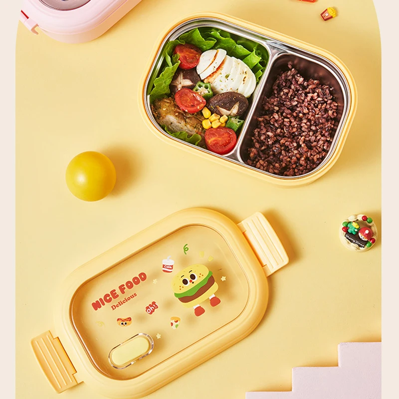 Hamburger French Fries Pattern Stainless Steel Lunch Box Student Office Healthy Food Storage Containers Portable Grids Bento Box