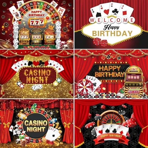 Fondo fotográfico para fiesta de Casino, decoración para fiesta temática de cumpleaños, naipes, brillos dorados, cortina roja, fondos de fotografía