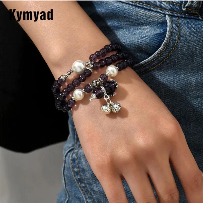 Kymyad Bracelet For Women Glasses Beads Stone Bracelets Jewelry Gourd Pendant Charm Women Bracelet Multilayer Beaded Bracelets