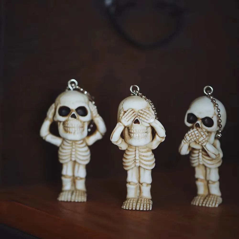 3pcs Creative Skull Sculpture With Key Chain Ornament Do Not Talk Look Listen Skeleton Desk Ornament Statue Decor For Funny Gift