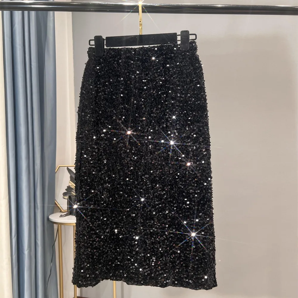 

French High-waisted Slim Mid-length Skirt High-grade Shiny Thickened Package Hip Elastic Waist Back Zipper Sequin Skirt Women