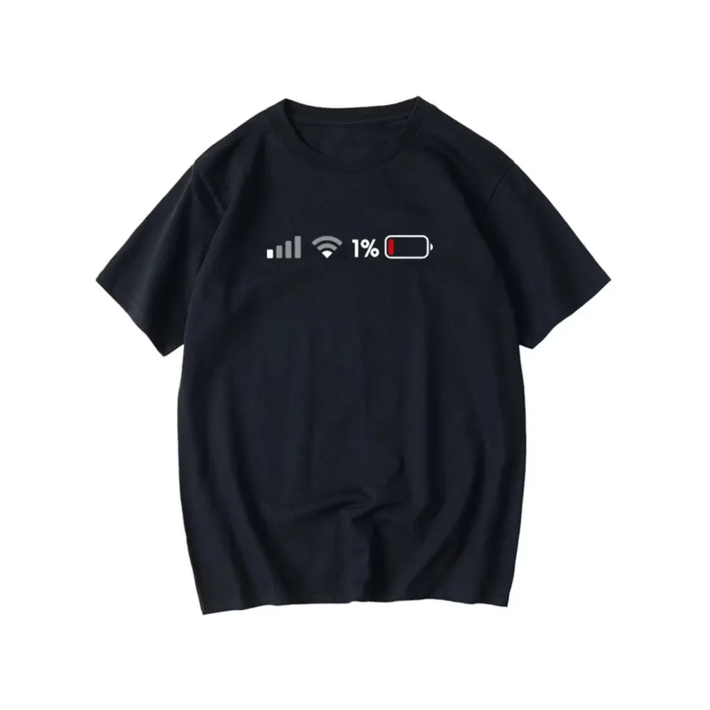 Funny Low Battery 1% T-Shirt Minimalist Phone Icon Graphic Tee Humorous Signal Strength Print Summer Short Sleeve Men Women Top
