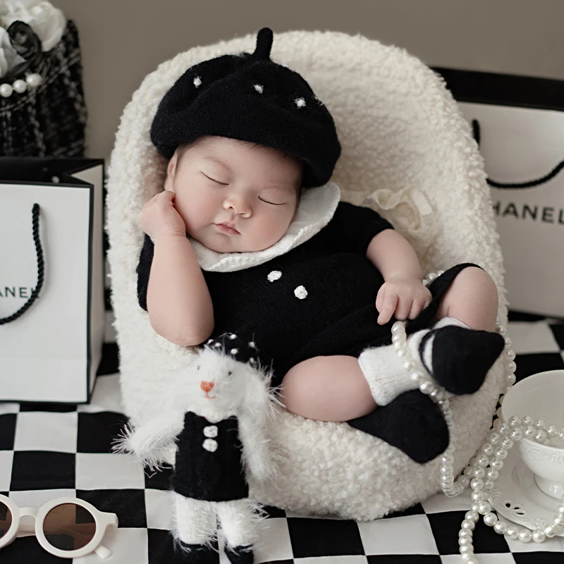 French Style Beret Socks + Crochet Shoes 4 Pcs/Set Newborn Photography Props Pearl Bag Handmade Doll Cute Baby Photo Outfit