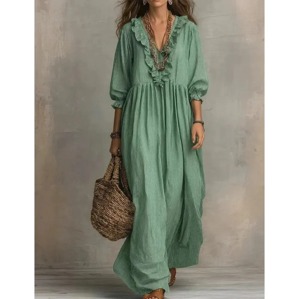 Modisches gestreiftes Rüschenkleid mit V-Ausschnitt für Damen, halbärmelig, Frühling/Sommer, neu, lässig, locker, hochtailliert, langes Urlaubskleid für Frauen