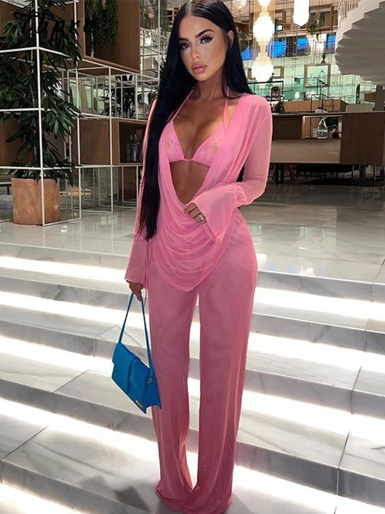 

3Pcs Woman Sexy Strapless Mesh Backless Trousers Suit Lady Perspective Breathable Long Sleeve Lace Up Casual Draped Pants Suit