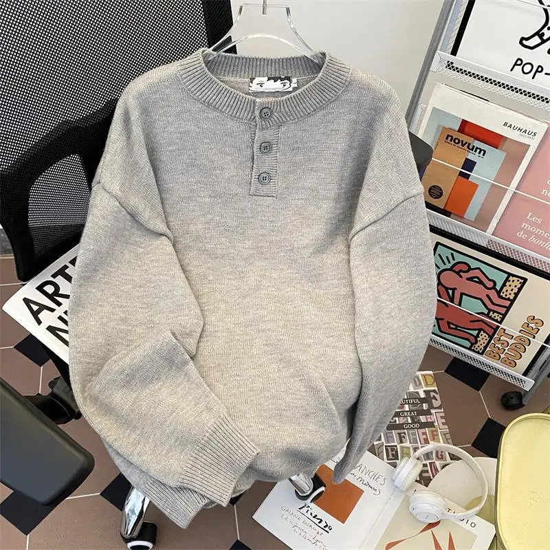 

Мужской вязаный свитер Henry Collar: повседневный базовый слой, свободный крой, для пар, осенний сезон