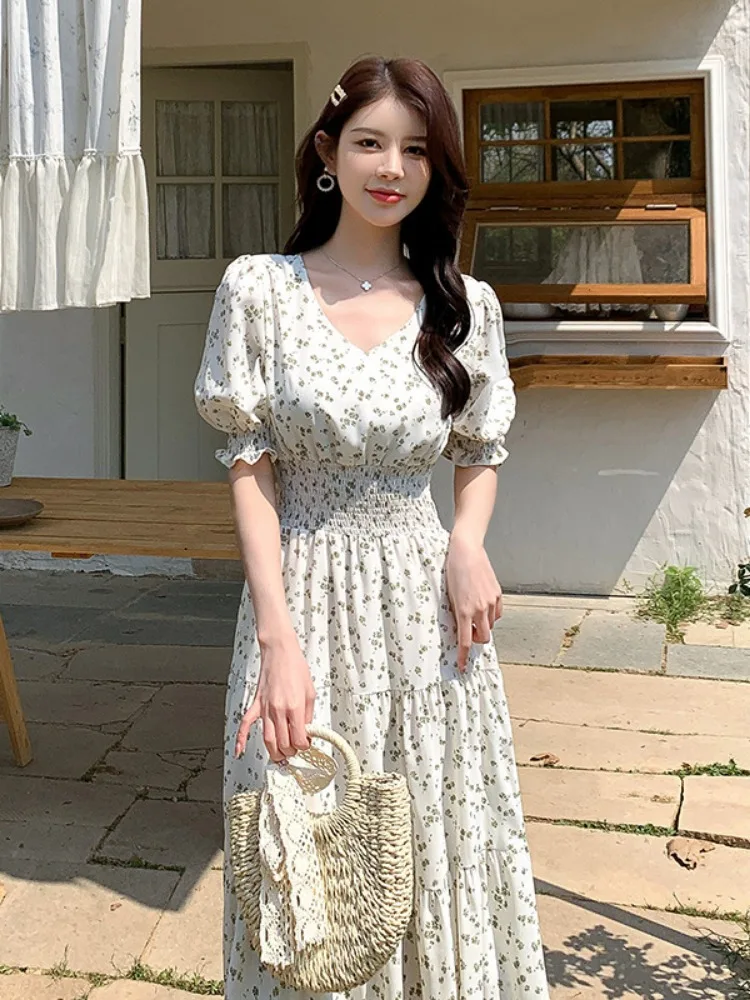 2024 Vestidos De Mujer Puff Sleeve Floral A-line Dresses for Women Elastic Waist Folds Korean Robe Femme Vintage Summer Dress