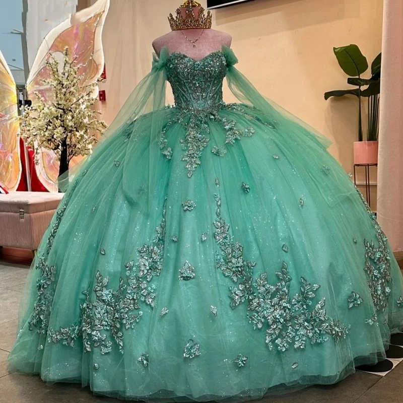 

Customized Mint Green Princess Girl Quinceanera Dresses Off Shoulder Lace Applique Ball Gown Prom Party Dress Vestido De xv Anos