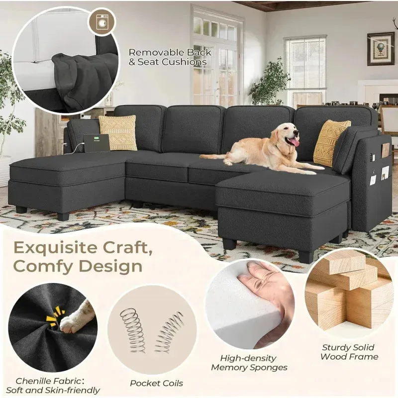 QAZ8-Hait 113''Sectional Sofa with Storage Seats.U Shaped Convertible Sofa Couch with Large Reversible Chaise.Comfy Chenille Sof