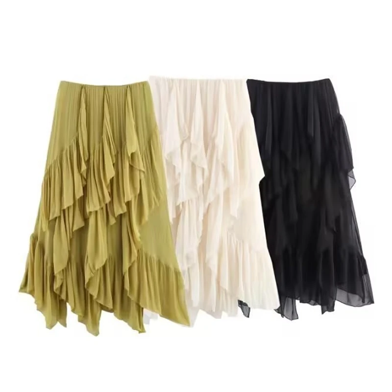 

New Summer 2025 Women's Midi Skirt Layered Decorative Design A-Line Skirt Casual Polyester Fabric Midi Length Skirt