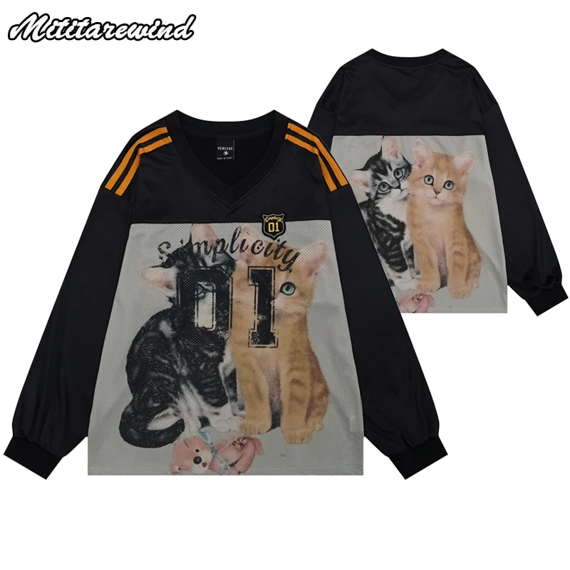 

Spring Autumn V-neck Long Sleeve T Shirt Men Contrast Color Cartoon Cat Printed Mesh Loose T Shirt For Women Hip Hop Streetwear