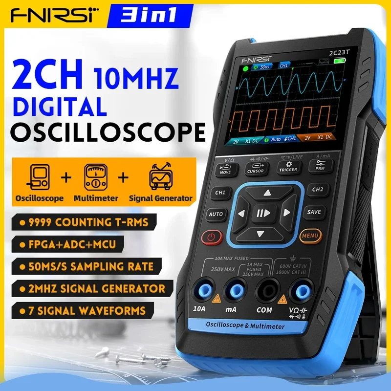 FNIRSI 2C23T Multimeter 3 in 1 Digital Oscilloscope Function Signal Generator  DDS AC DC Analog Bandwidth 10MHz*2 50MS/s Voltage