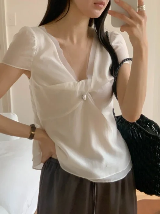 Summer Sweet Unique Women's Shirt V-neck Double-layer Elegant Top Bubble Sleeve Chiffon Blouse Korean Style Slim Fit Short Sl...