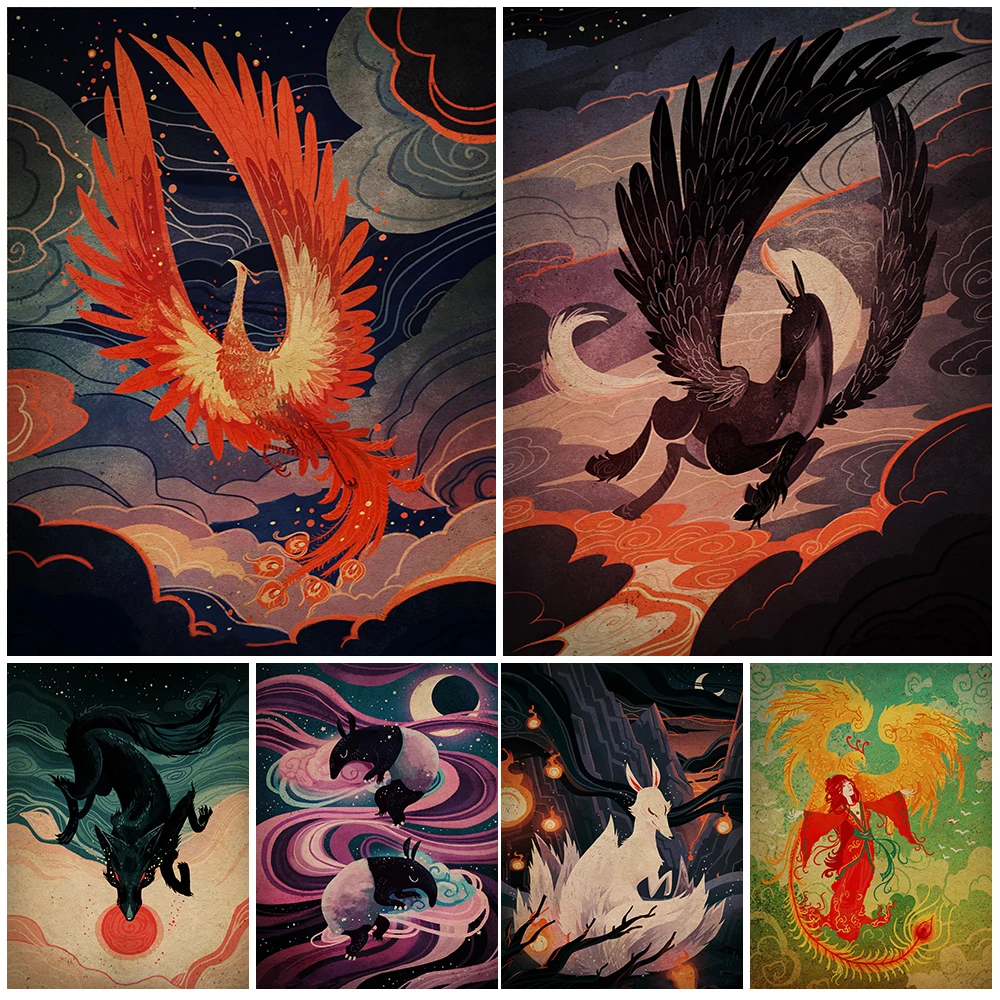Phoenix,Unicorn,Sorceress Vintage Wall Art Canvas Painting Pegasus And Dragon Retro Poster And Print For Living Room Decoration