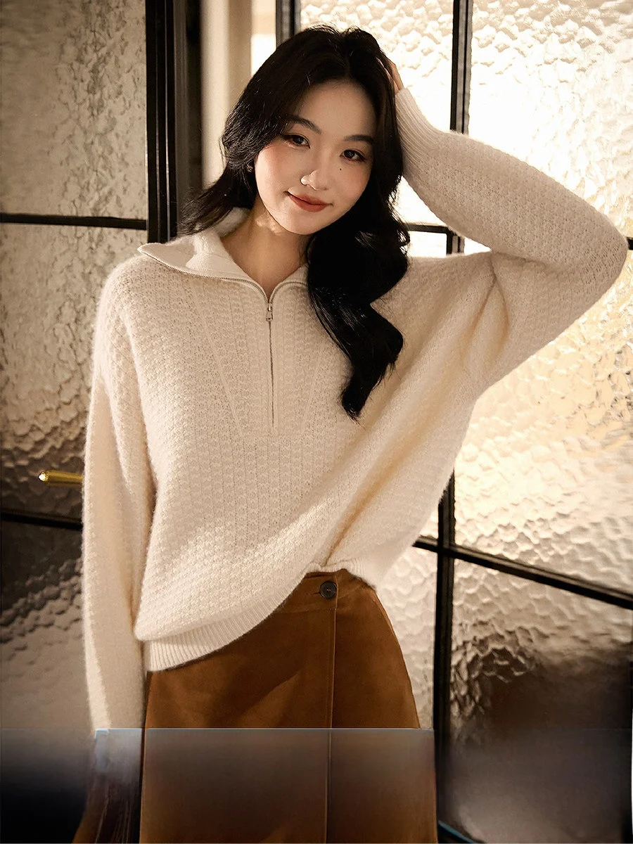 

Шерстяной вязаный свитер из шелка и кашемира с воротником на молнии, женский, новый, мягкий, теплый, с длинными рукавами, повседневный, базовый, однотонный