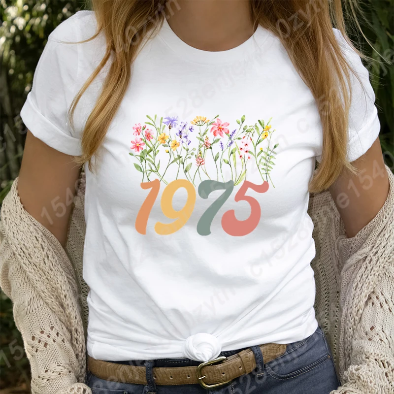 Shirt For Women Birthday Gifts T Shirt Flower 1975 Graphic Tee Shirt Birthday Gifts Idea Shirts Retro Birthday Party Summer Tops