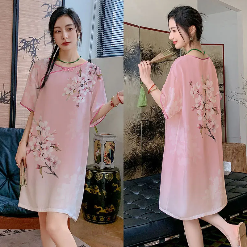 Floral Print Sleepshirts Chinese Traditional Night Dress Short Sleeves Woman Nightdress Loose Retro Buckle Cheongsam Nightgowns