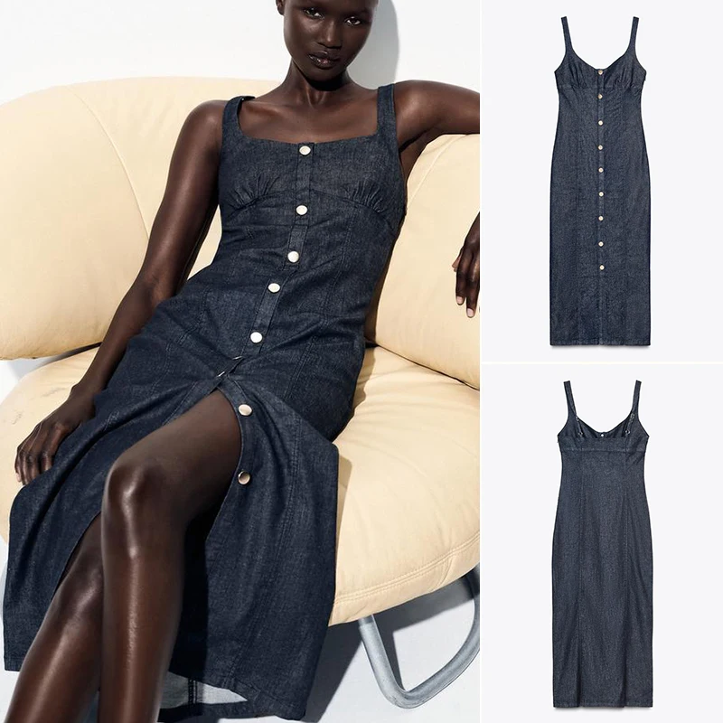 Verão novo feminino midi dr botão decoração redonda ne svel ampla alça de ombro denim dr cintura alta fibra de poliéster