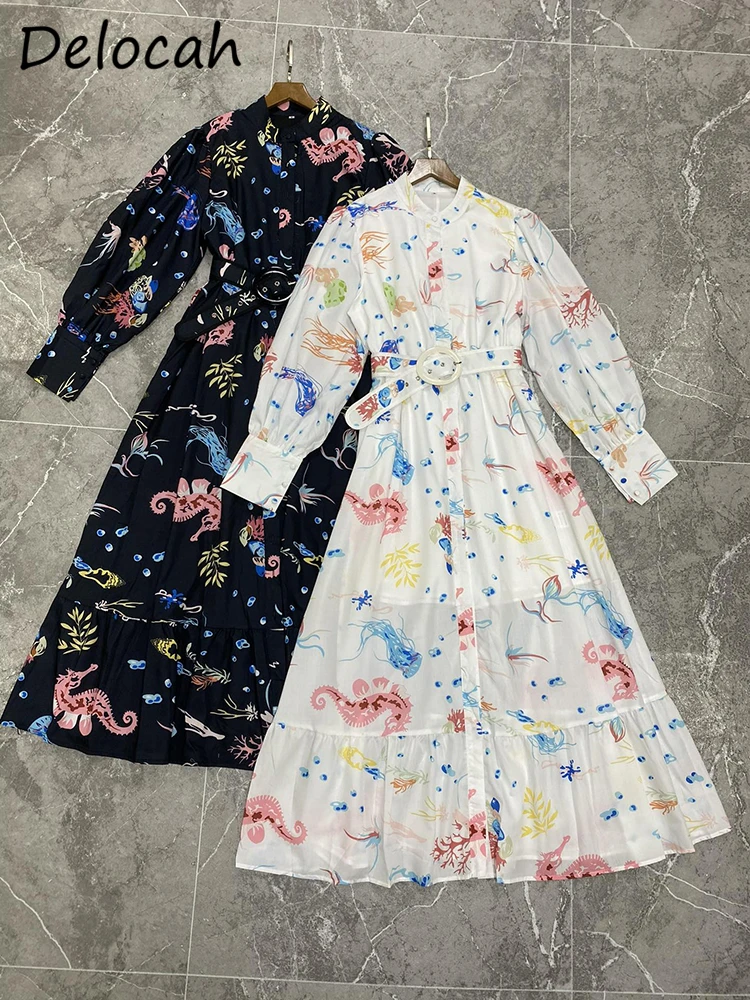 Delocah High Quality Summer Women Fashion Runway Party Long Dress Lantern Sleeve Belt Multicolor Printed Shirts Style Dresses