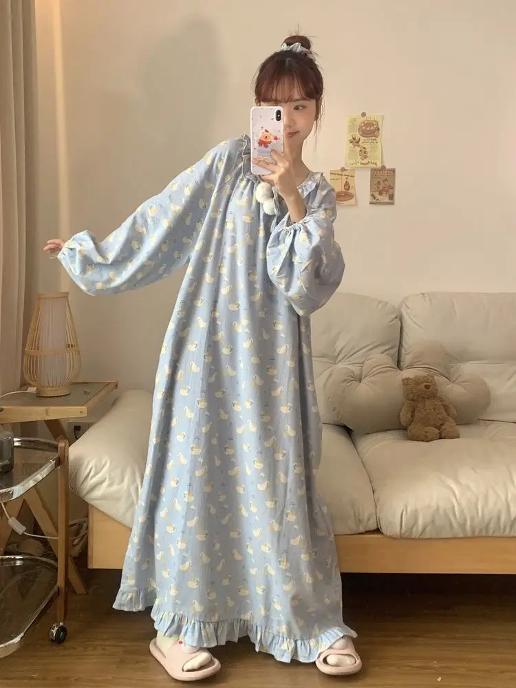 

New Bathrobe Nightgown Home Clothes Long-sleeved Lace Nightgown Korean Style Cute Princess Pajamas Dress Popular Pajama Women
