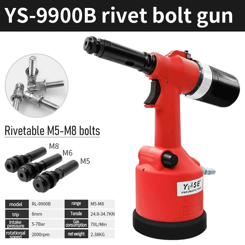 YS-9900 Industrial Pneumatic Rivet Nut Gun Automatic Riveting Tool for M3-M12 Nuts Iron Material Automotive Use 5-7bar Air