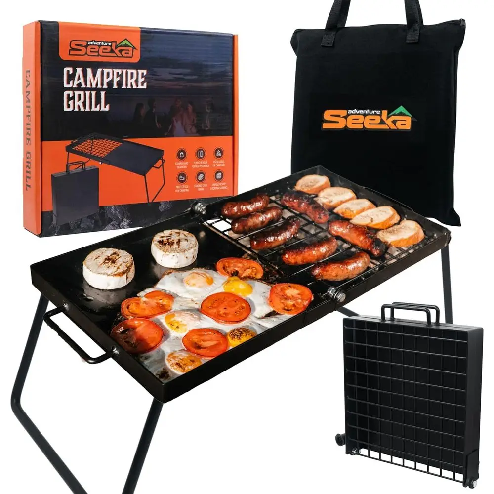 

Portable Heavy-Duty Folding Campfire Grill with Compact Design and Griddle for Outdoor Cooking