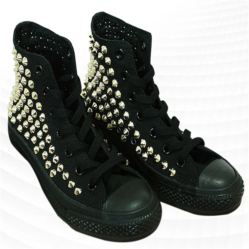 Hand-made original black high top riveted canvas shoes Hip hop punk show shoes men and women plus size casual shoes 35-46