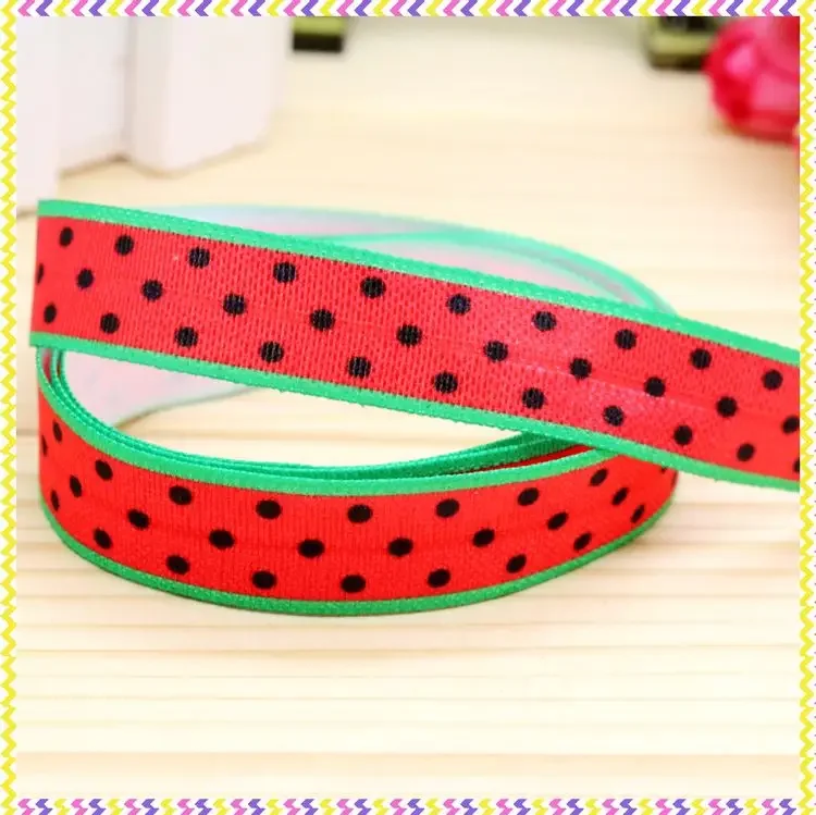 DHK 5/8'' 5yards Watermelon Coconut Fruit Cherry Lemon Printed Fold Elastic FOE Stretch Ribbon Hairbow Headband DIY C1768