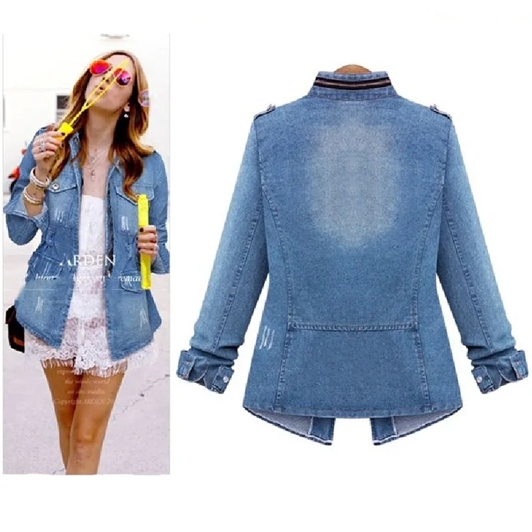 Jaket Denim kasual wanita, jaket Denim musim panas kerah berdiri, gaya perkotaan, jaket ramping 2024