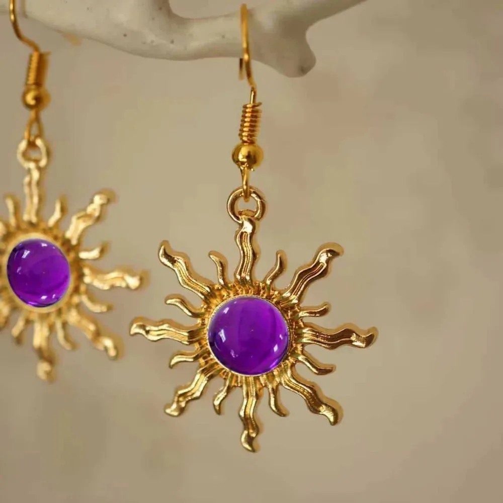 Bohemia Luxury Gold Color Sunlight Purple Glass Crystal Sunflower Dangle Earrings for Women Party Designer Earrings Jewelry Gift