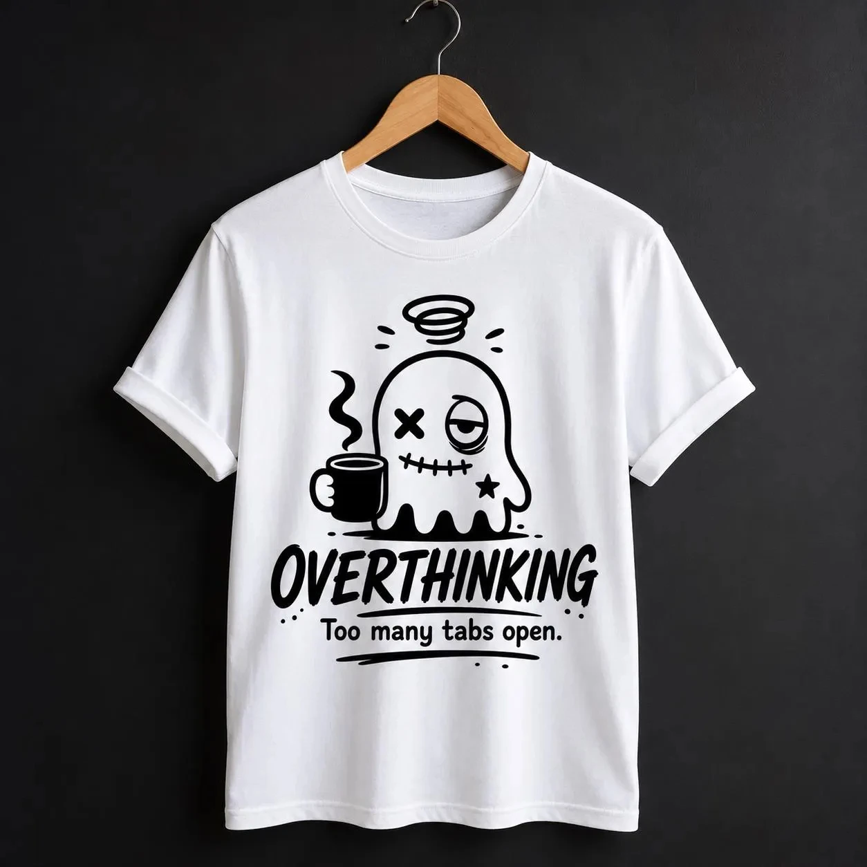 Overthinking Ghost T-shirt, Funny Coffee T-shirt, Neutral Pattern T-shirt, Handmade in The UK, Halloween Gothic-style Ghost Gift