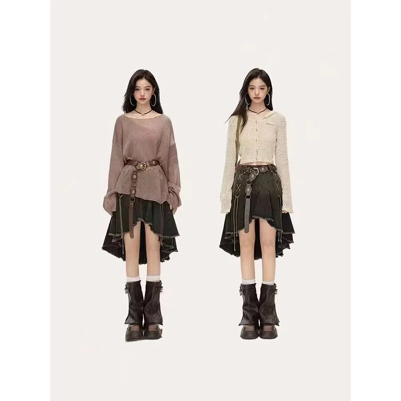 MEXZT Y2K 데님 미니 스커트 여성 하라주쿠 빈티지 비대칭 청바지 스커트 여름 Gyaru Grunge 2000S Bandage Pleated Faldas New