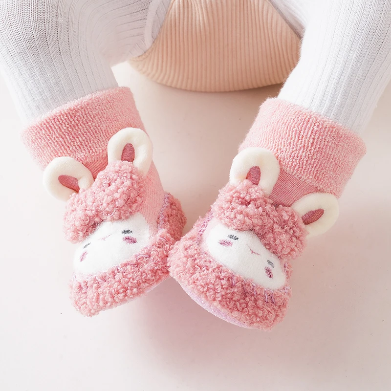 2023 Winter Infant Cute Fluffy Rabbit Doll Shoes Toddler Baby Non-Slip Thick Loop Socks First Walker Warm Cozy Terry Floor Shoes