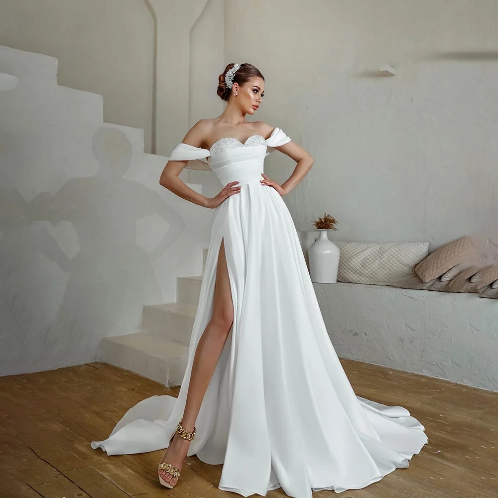 

Off the Shoulder Sweetheart Collar Satin Beaded Sequins Wedding Dress A-line Court Wedding Gown with Side Slit vestidos de novia