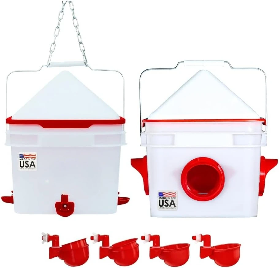

10lb Feeder & 2 Gal Waterer Set with Gravity Feed Refill & Auto-Fill Cups - BPA-Free Food & Water Buckets·Factory Direct Sales
