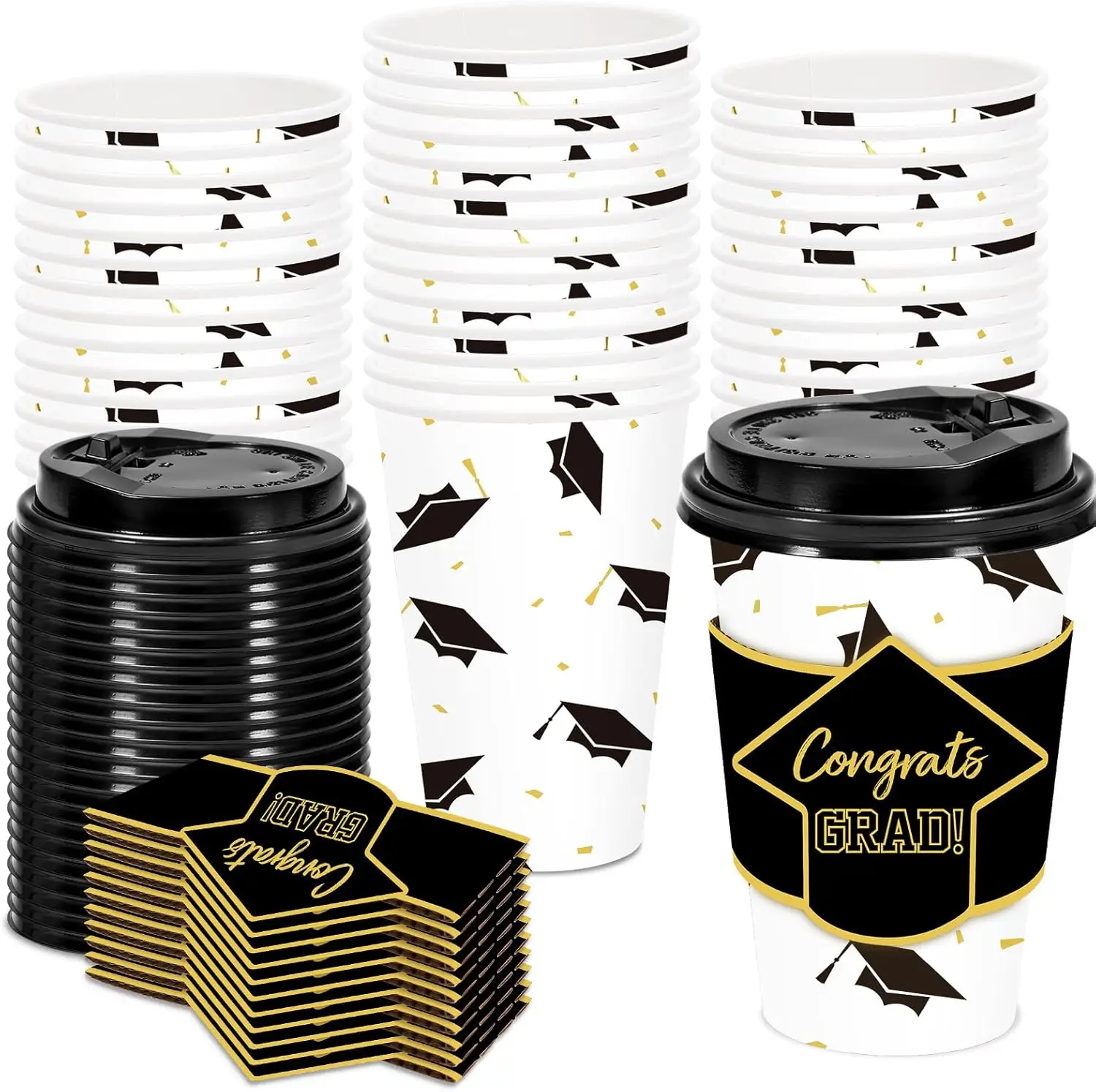 

48 Set Graduation Disposable Coffee Cups with Lids and Sleeves Gold Foil Black Grad Cap Paper Drinking Cups for Congrats