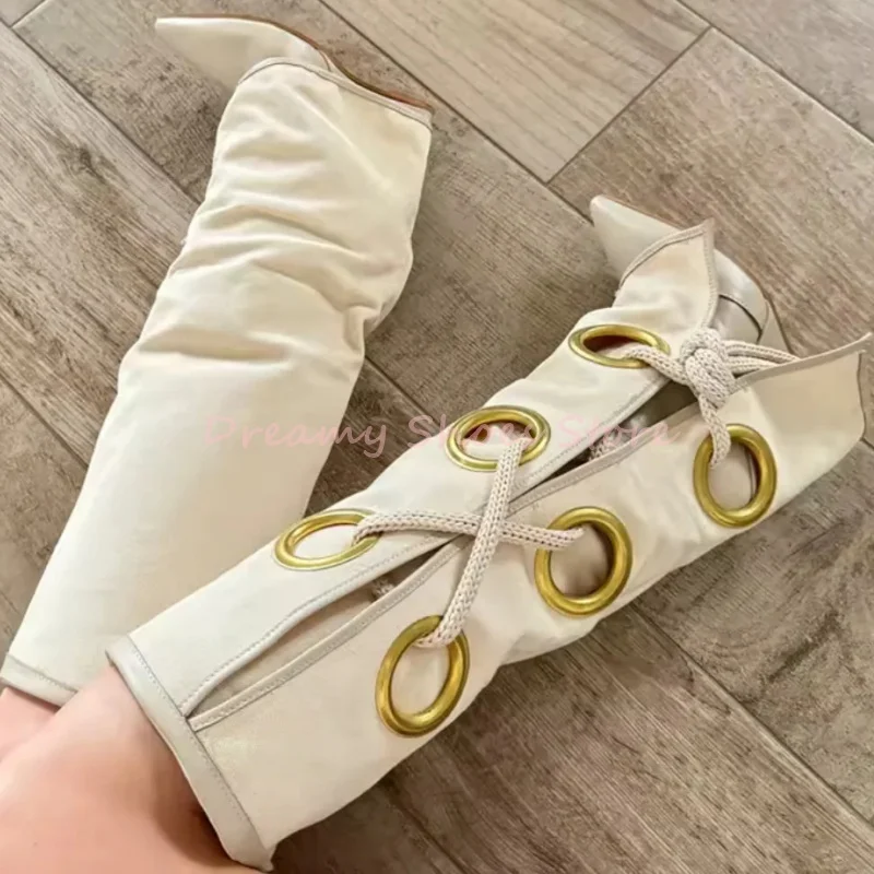 

White Metal Ring Pointed Wedges Knee High Boots Women Suede Cross Strap Long Boots Fashion Trendy Party Catwalk Ladies Shoes New