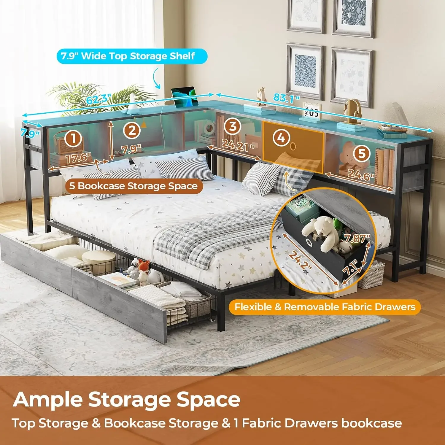 [سعر مخفض! إطار سرير كامل زاوية مع خزانة كتب وأضواء LED إطار سرير بمنصة معدنية كاملة الحجم مع مساحة تخزين Dr