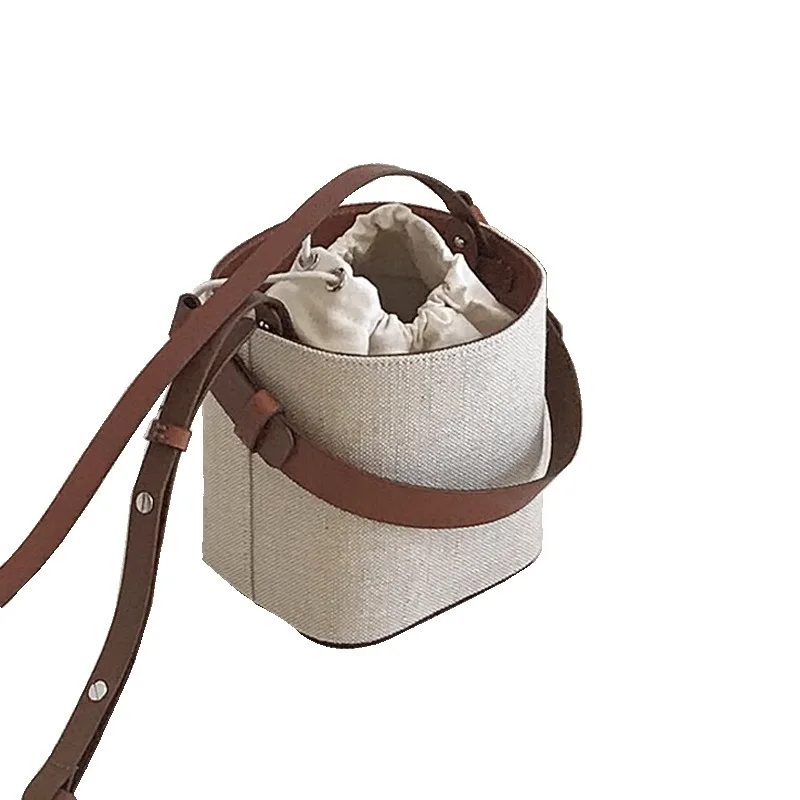 2024 New Ins Canvas Split Leather Bucket Bag Contrast Color Small One-shoulder Slung Handbag Crossbody Bags for Women