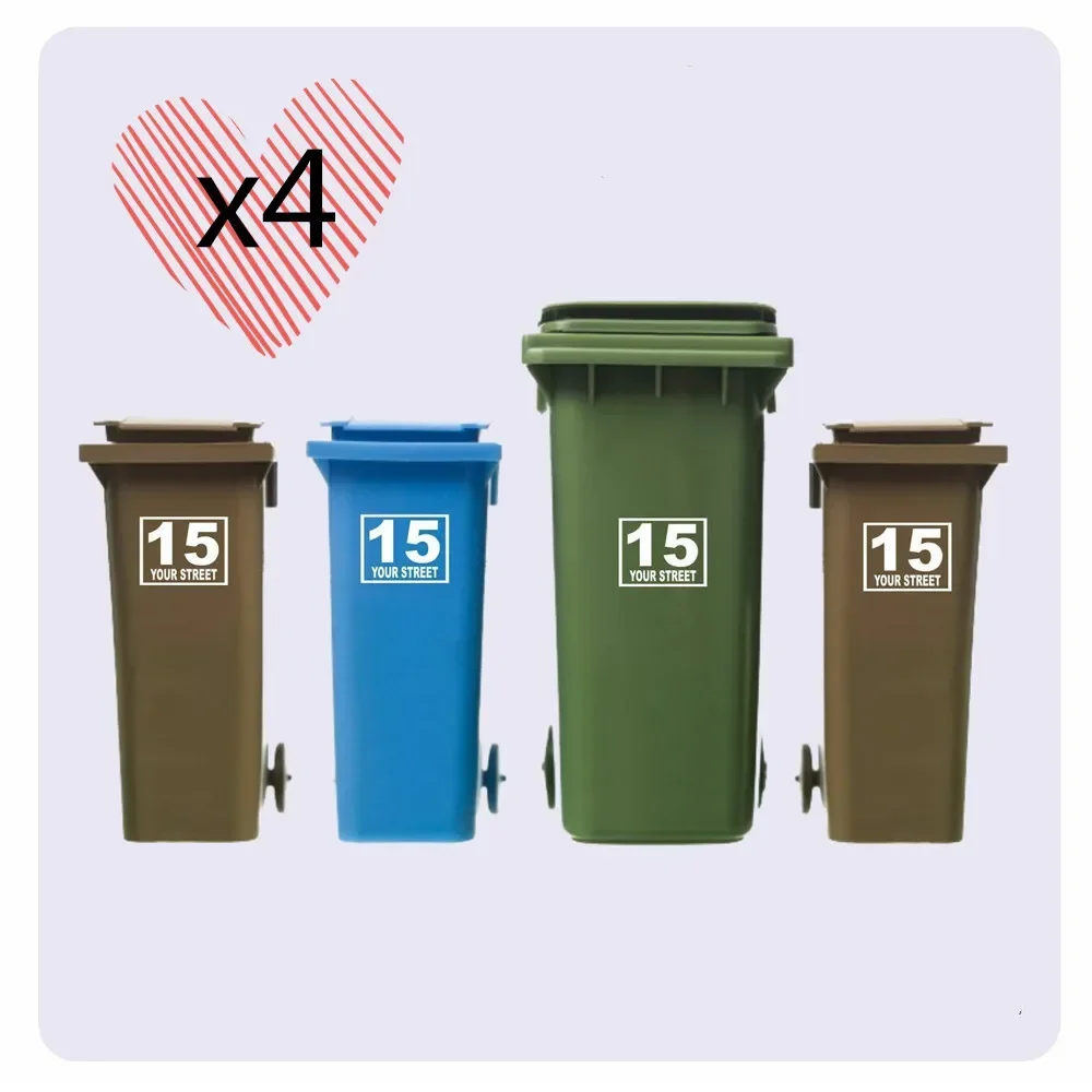 4 x WHEELIE BIN NUMBERS CUSTOMIZED HOUSE AND ROAD/STREET NAME VINYL GRAPHIC STICKERS