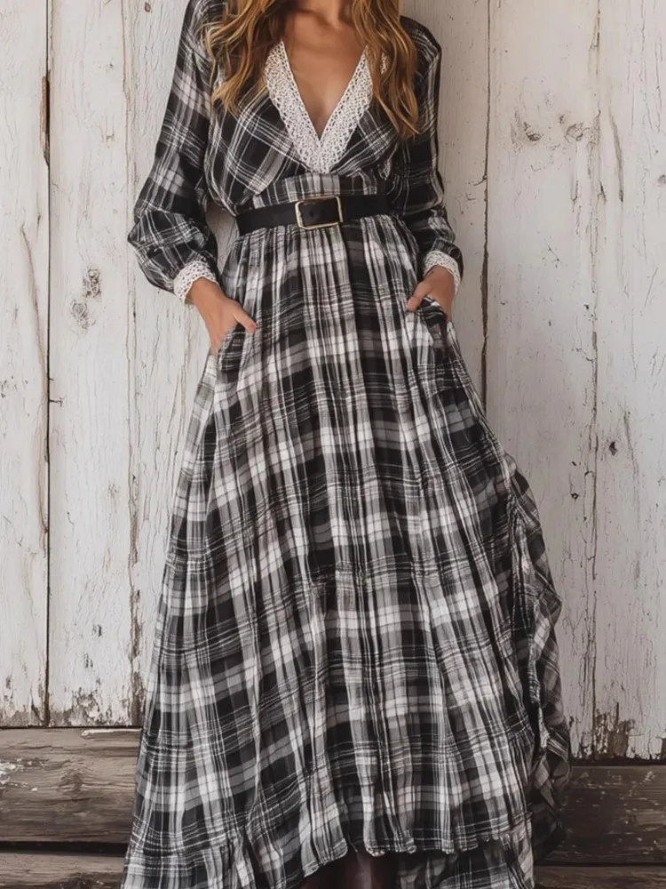 여성용 레트로 체크 셔츠 드레스 가을 신상 패션 브이넥 긴팔 하이웨이스트 A라인 롱 스커트 드레스 (벨트 미포함)