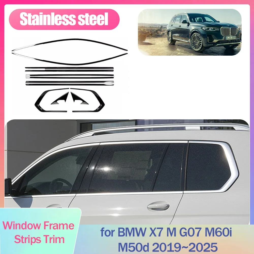 Full Window Frame Strips Trim for BMW X7 M G07 M60i M50d 2019~2025 Cover Black Silver Stainless Steel Sticke Styling Accessories