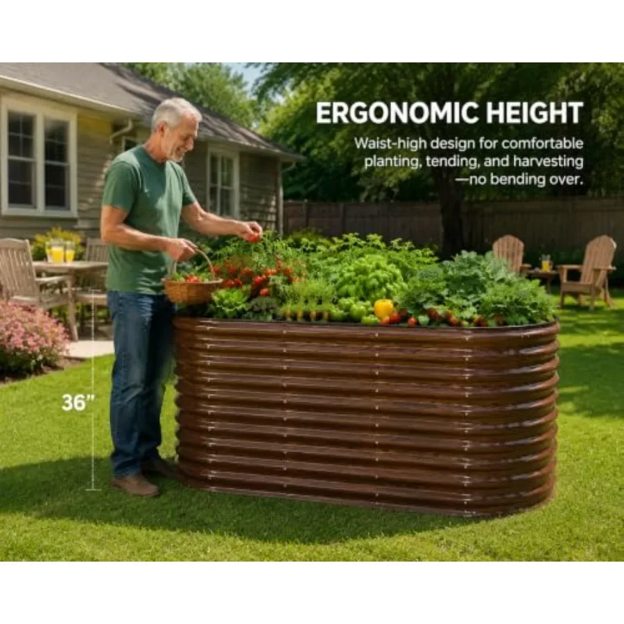 Brown Raised Garden Bed, 3-Piece Set Includes 1 Rectangular and 2 Oval Galvanized Garden Beds, 36