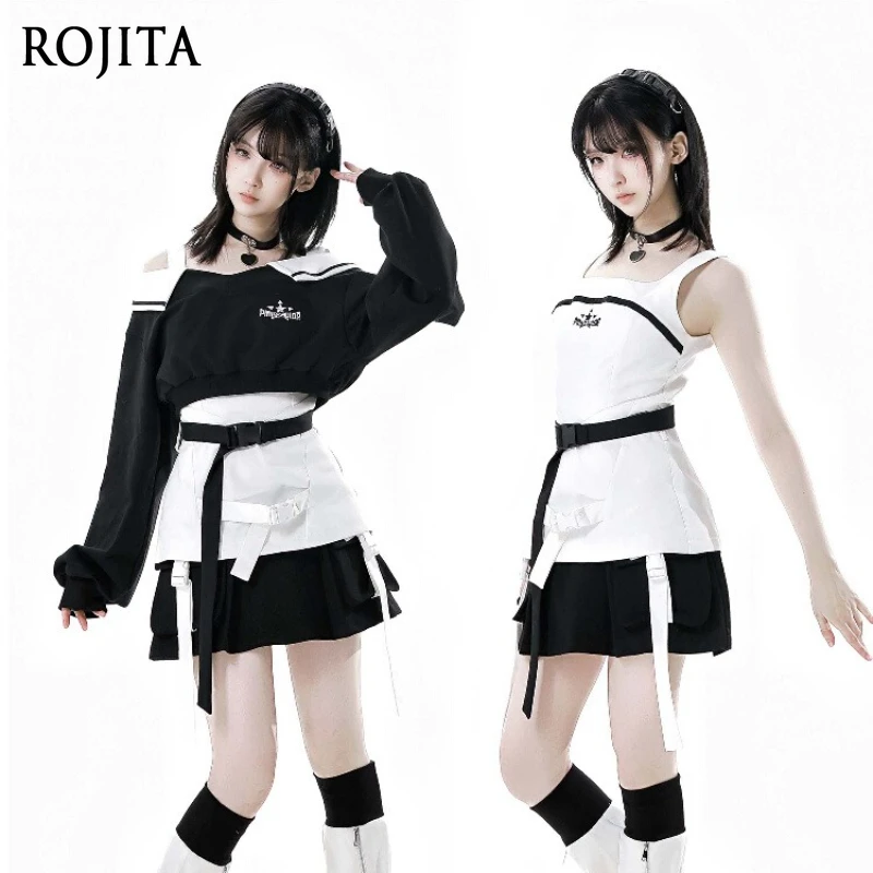 

Black and White Design Sense Hanging Strap Off-Shoulder Bunting Suspender Cover Short Top Pocket Skirt Functional Leg Cover