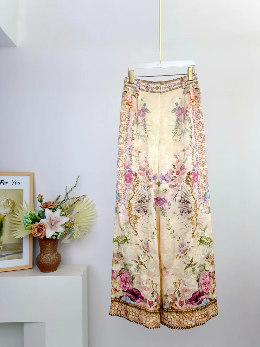 Spring Summer Fashion Casual Vintage Floral Print Silk Wide Leg Pants Women's Crystal Metal Ornament Straight Barrel Trousers