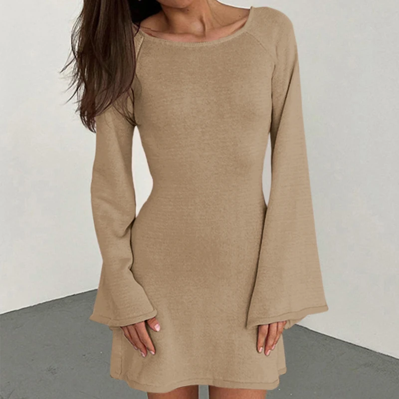 Nouveau sexy dos nu col rond cache-up couleur unie tricot maillots de bain élégant corne manches plage costume femme vacances robe portefeuille