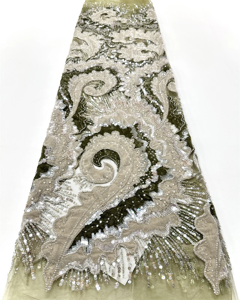 Luxuriöser 3D-natürlicher handgefertigter Perlen-Spitzenstoff, afrikanischer Tüll, Pailletten, Perlenstickerei, französisches Netz, 2025