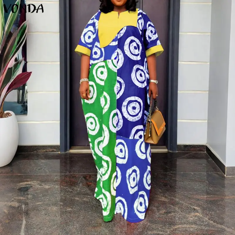 

VONDA Summer L-5XL Plus Size Dresses Women Dress Print Patchwork Streetwear Loose Female Robe OL Work Party Casual Sundress