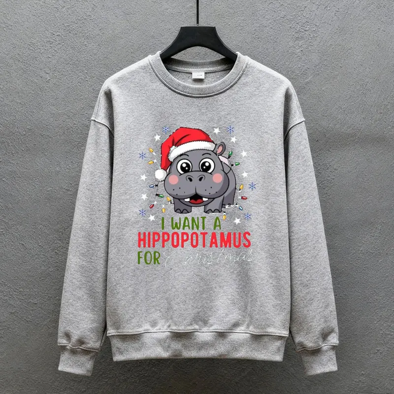 Voglio un ippopotamo per Natale Felpa con cappuccio Ippopotamo Luci Felpa Ippopotamo Carino Autunno e Inverno Ropa De Mujer Regalo donna